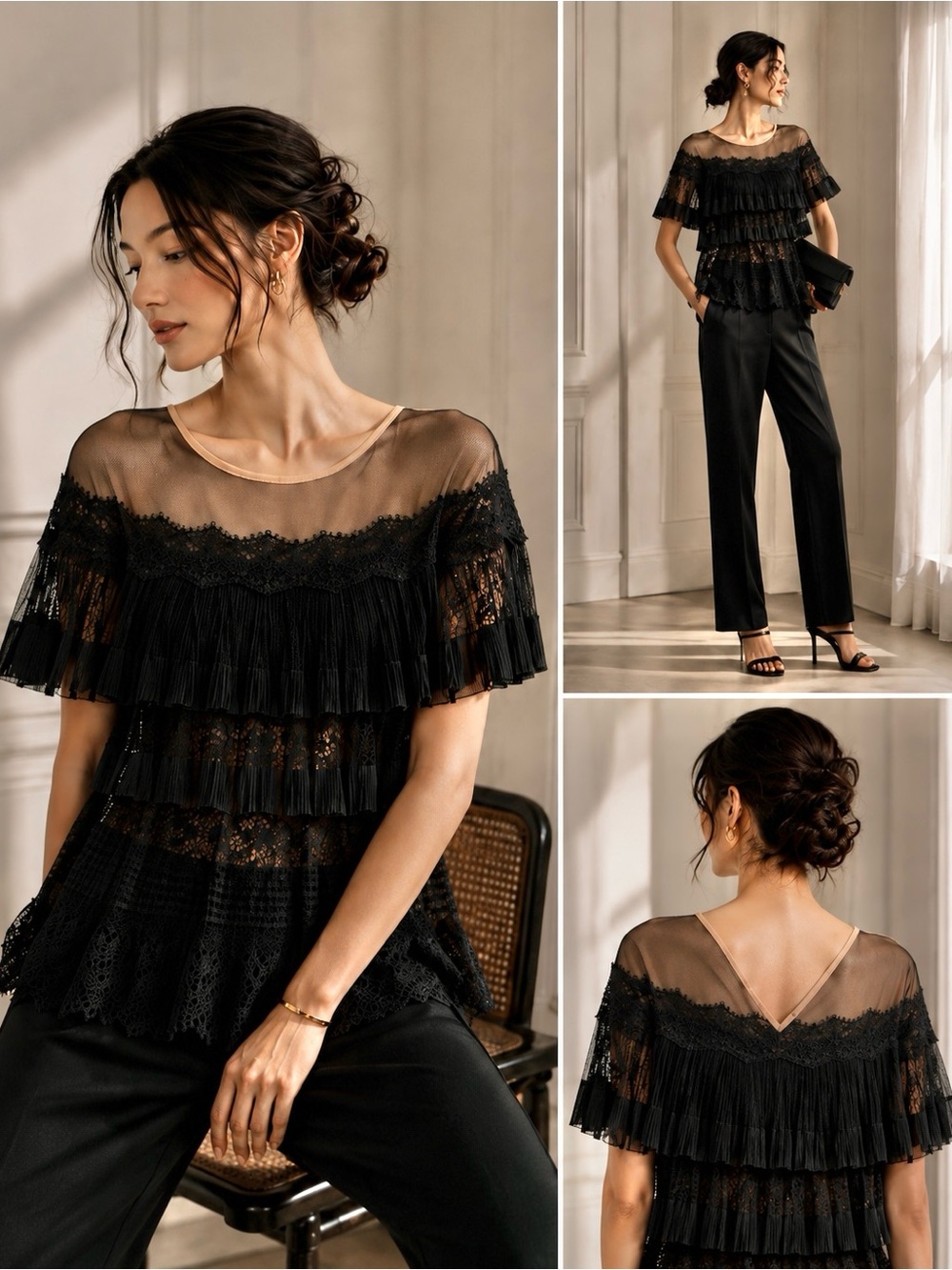 Tadashi Shoji Black Lace Tiered Ruffle Top 2 Elegant Special Occasion Blouse